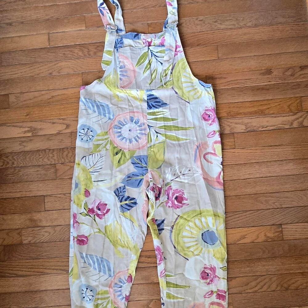Floral overalls with pink blue yellow flowers and leaves M L